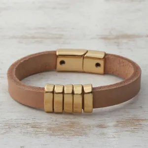 Golden Planets, Beige Universe Modern Beige and Gold Leather Wristband Bracelet from Brazil