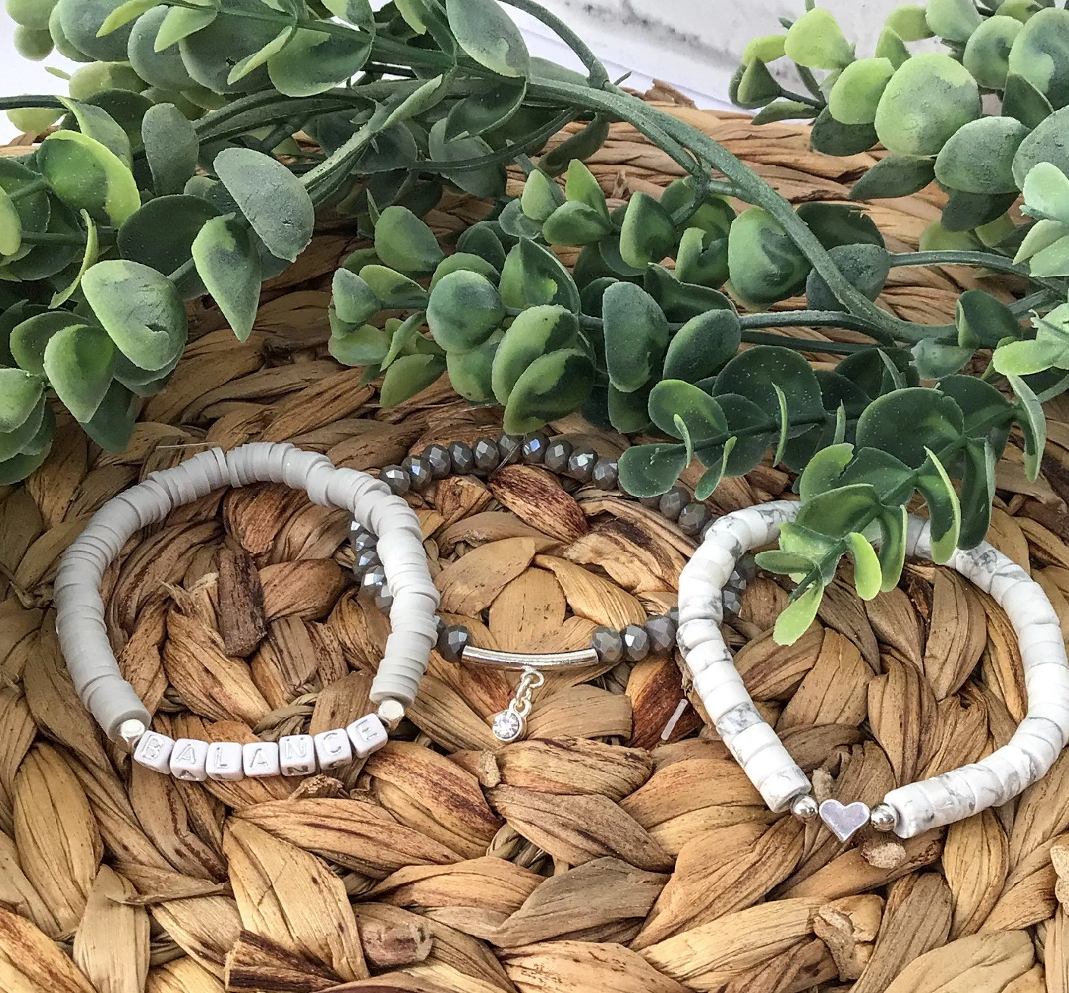 Gray and White Stack Bracelets/Stretch Bracelets/Layering Bracelets/Boho Jewelry/Handmade Gemstone Bracelets/Matching Set