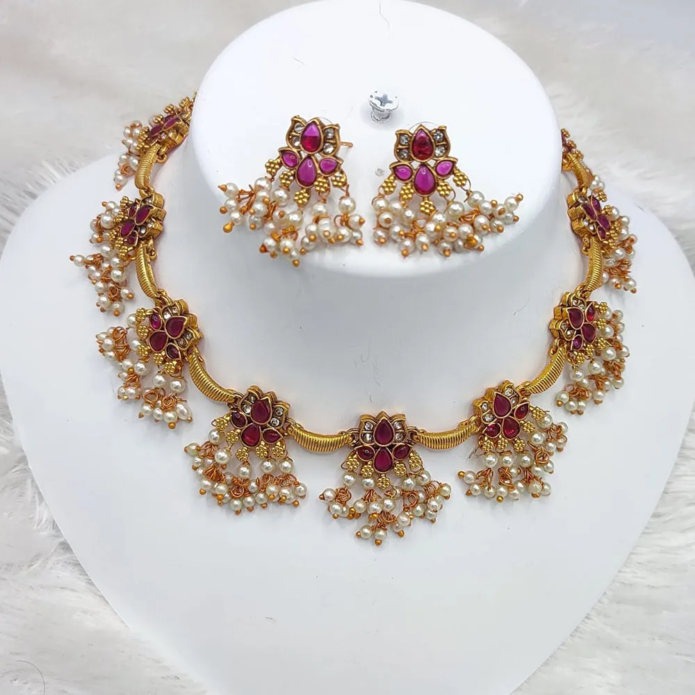 JewelMaze Gold Plated Pota Stone & Pearls Choker Necklace Set