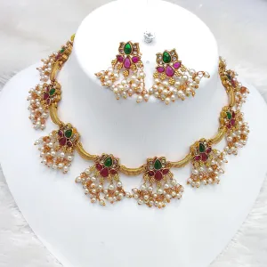 JewelMaze Gold Plated Pota Stone & Pearls Choker Necklace Set