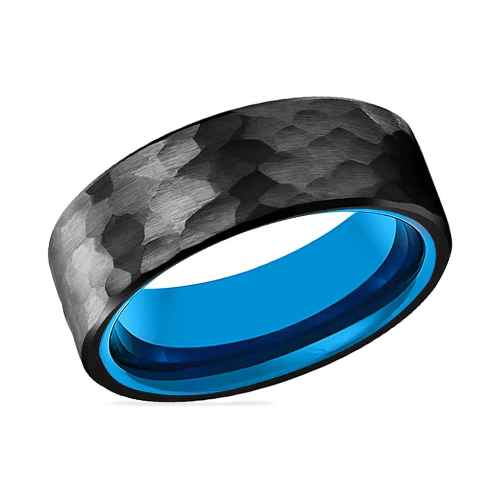 KAILANI | Blue Tungsten Ring, Black Tungsten Ring, Hammered, Flat