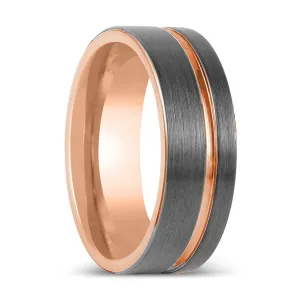 KORAI | Gun Metal Tungsten Ring, Rose Gold Inside, Offset Rose Groove, Flat