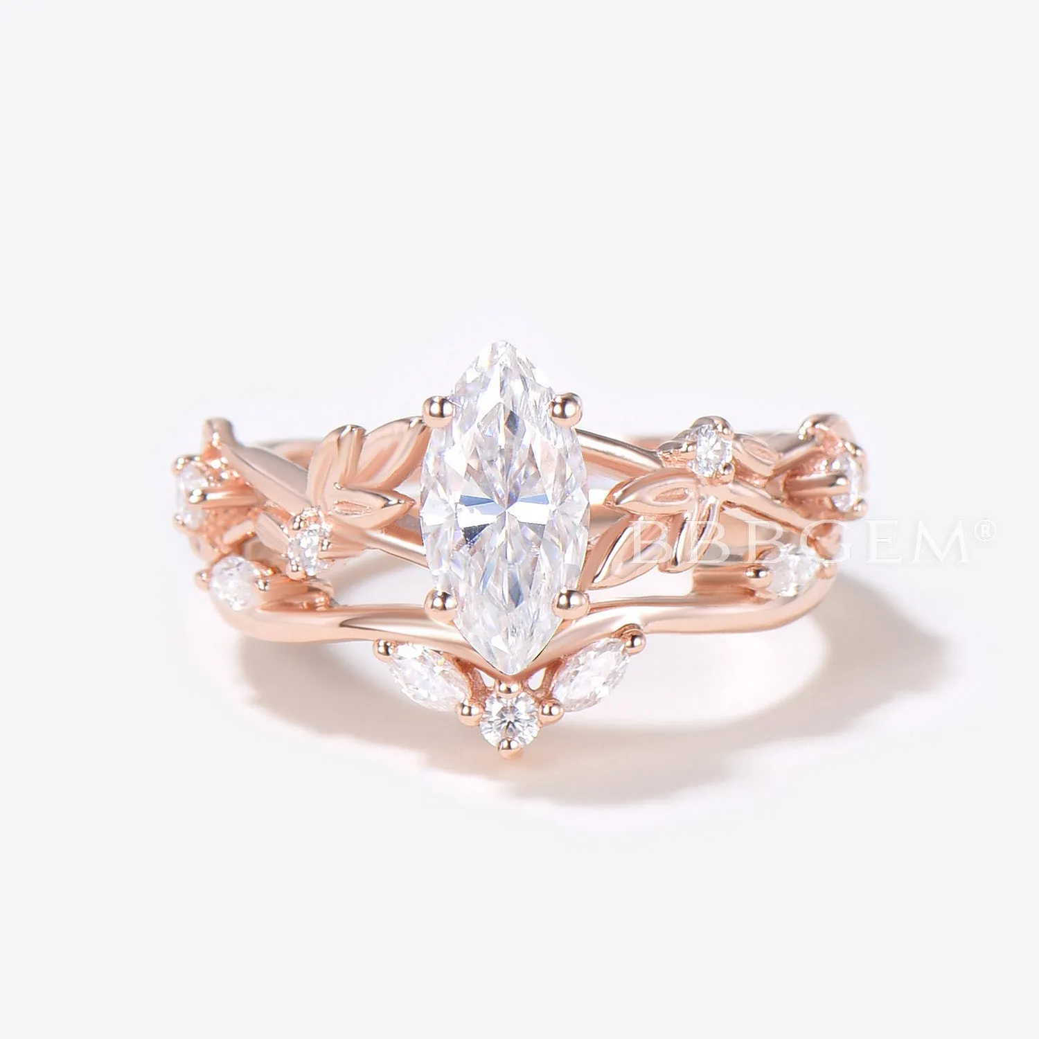 Marquise Cut Moissanite Engagement Ring Leaf Branch Ring Set