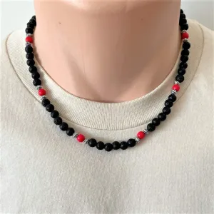 Mens Black Lava and Red Czech Beaded Necklace