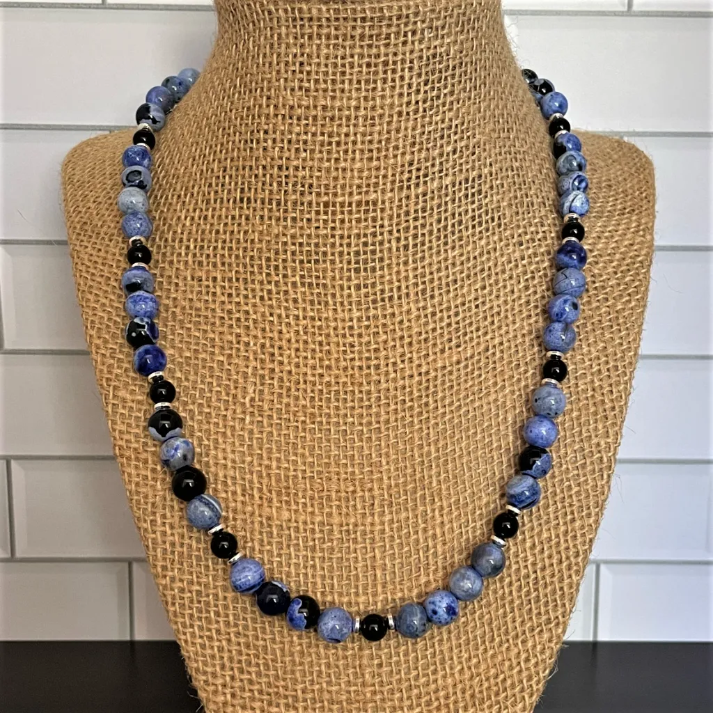 Mens Blue Fire Agate and Black Onyx Beaded Necklace