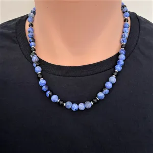 Mens Blue Fire Agate and Black Onyx Beaded Necklace