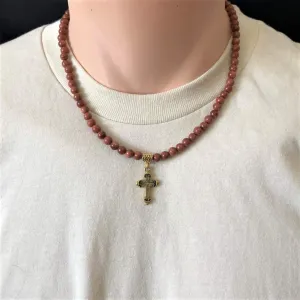 Mens Goldstone Beaded Necklace with Gold Cross