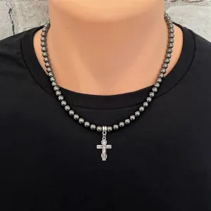 Mens Hematite and Silver Cross 6mm Beaded Necklace