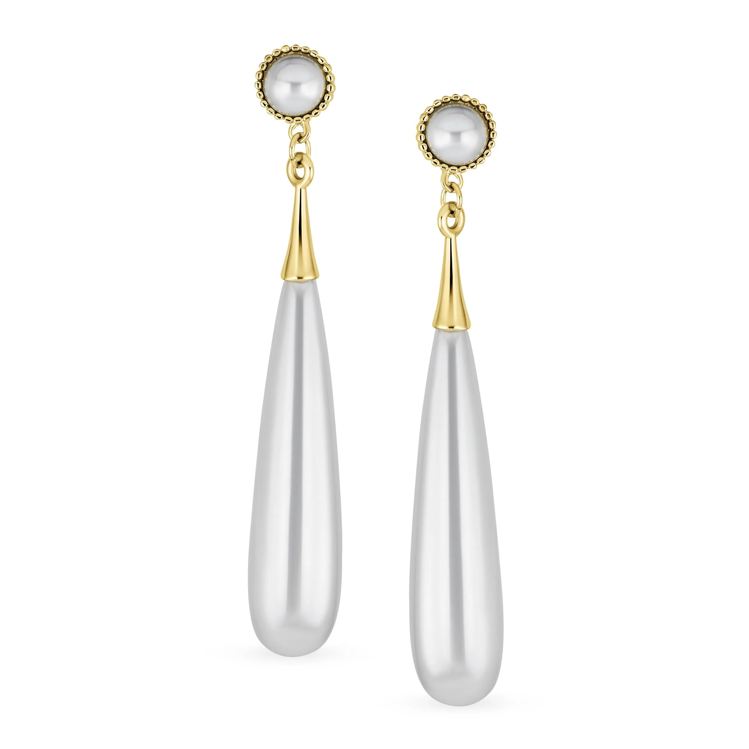 Modern Bridal Geometric Linear Dangle Earrings with Simulated Pearl Clip-on