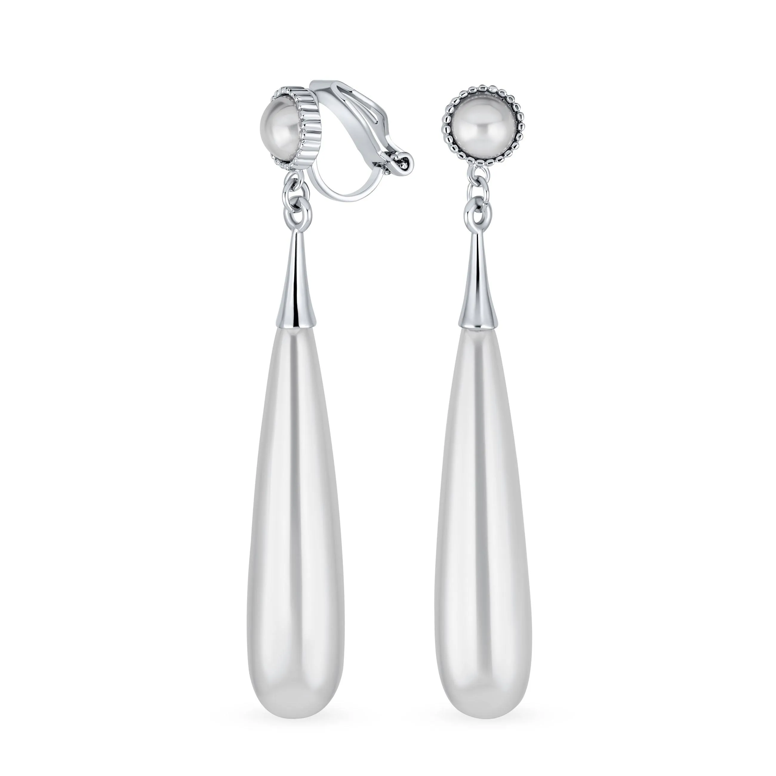 Modern Bridal Geometric Linear Dangle Earrings with Simulated Pearl Clip-on