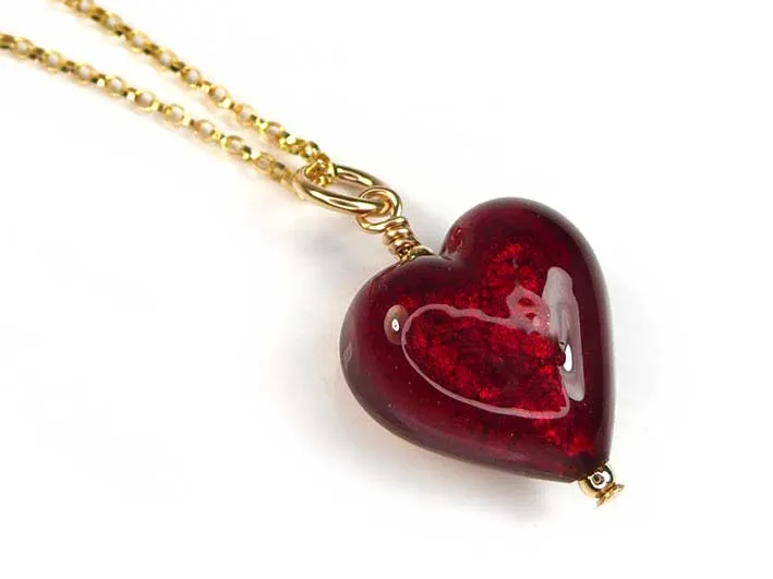 Murano Glass Heart Pendant - Gold Ruby Small