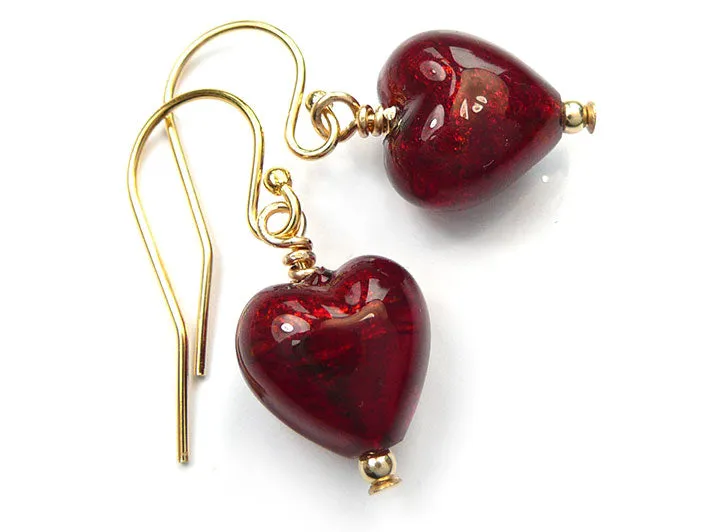 Murano Glass Heart Pendant - Gold Ruby Small