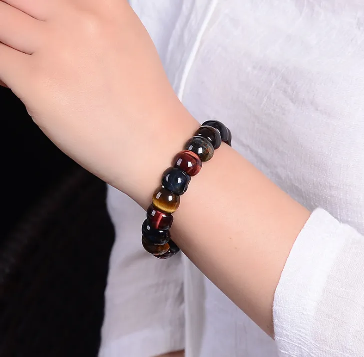 Natural Tiger Eye Stone Hand Row Bracelet - Red Yellow Blue