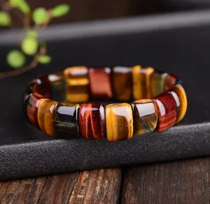 Natural Tiger Eye Stone Hand Row Bracelet - Red Yellow Blue