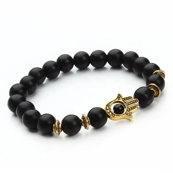 Nature 8mm Black Lava Energy Stone Beads Bracelet Gold Hamsa Hand Charm Bracelet Yoga Mala Bracelets