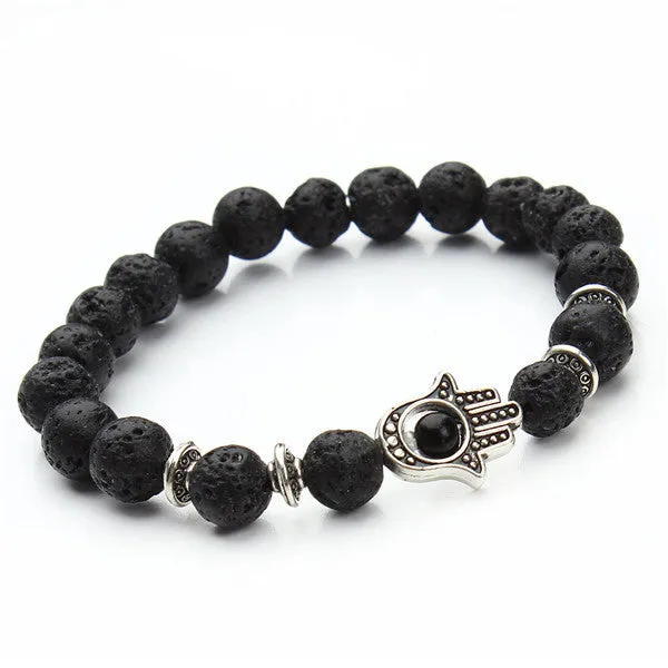 Nature 8mm Black Lava Energy Stone Beads Bracelet Gold Hamsa Hand Charm Bracelet Yoga Mala Bracelets