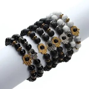 Nature 8mm Black Lava Energy Stone Beads Bracelet Gold Hamsa Hand Charm Bracelet Yoga Mala Bracelets