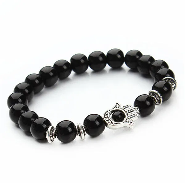 Nature 8mm Black Lava Energy Stone Beads Bracelet Gold Hamsa Hand Charm Bracelet Yoga Mala Bracelets