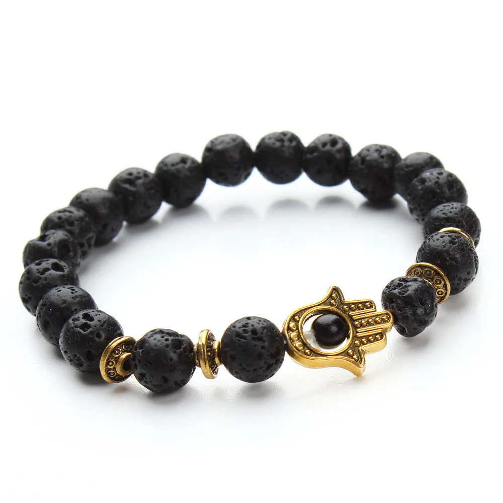 Nature 8mm Black Lava Energy Stone Beads Bracelet Gold Hamsa Hand Charm Bracelet Yoga Mala Bracelets