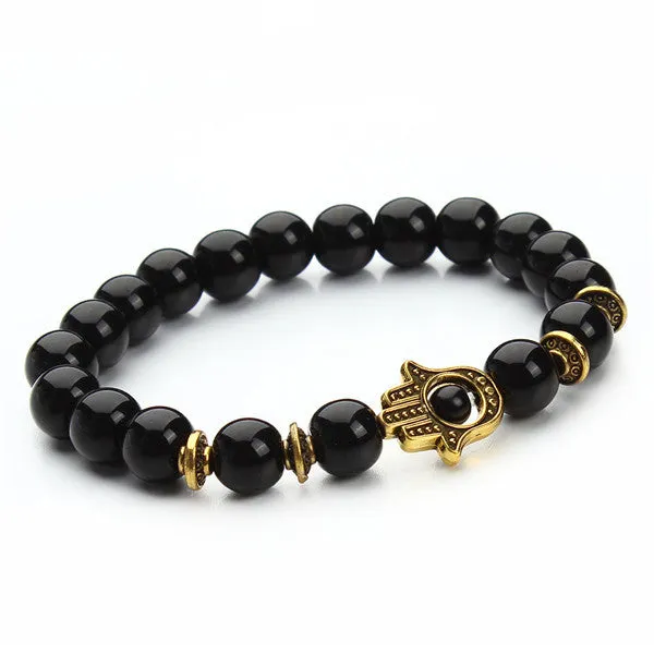 Nature 8mm Black Lava Energy Stone Beads Bracelet Gold Hamsa Hand Charm Bracelet Yoga Mala Bracelets