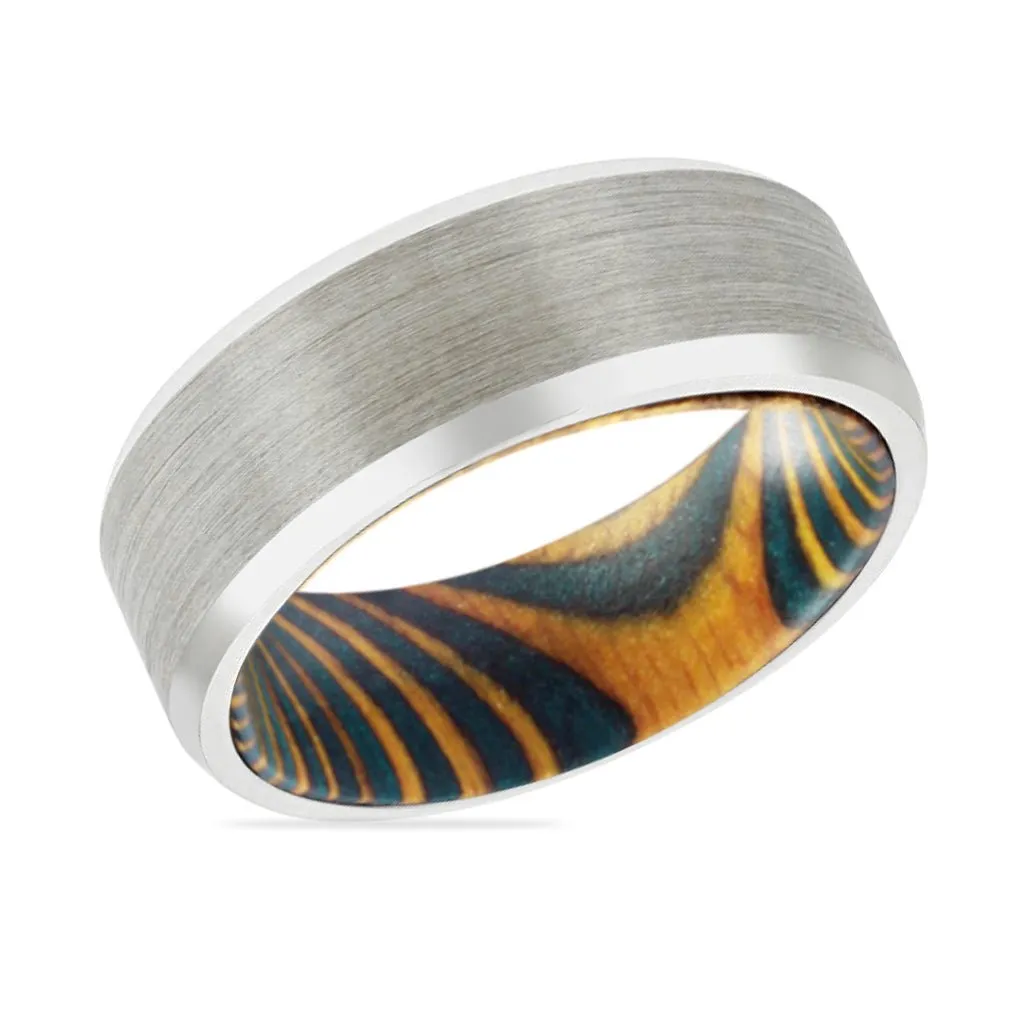 NORTON | Green & Yellow, Silver Tungsten Ring, Brushed, Beveled