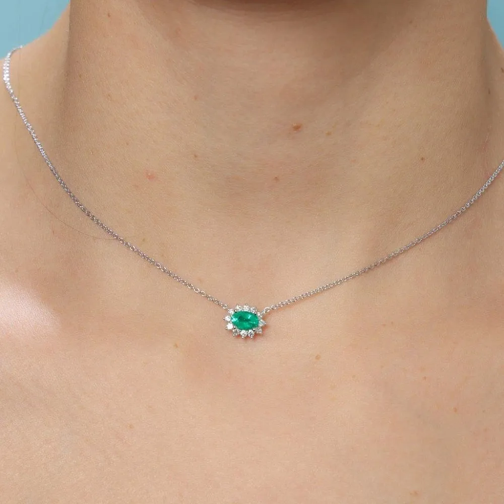 Oval Shape Emerald & Diamond Necklace (0.60 ct.) in 18K Gold