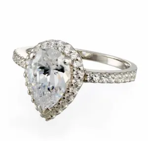 Pear Cut Cubic Zirconia Halo Engagement Ring In Sterling Silver