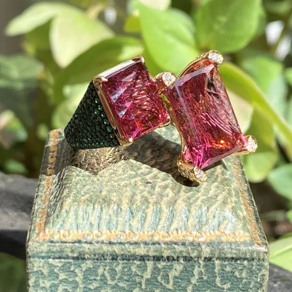 Pink Tourmaline, Emerald & Diamond Ring