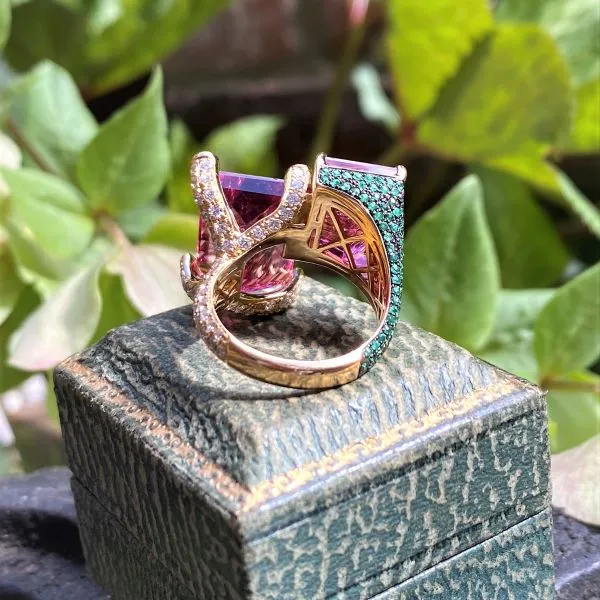 Pink Tourmaline, Emerald & Diamond Ring