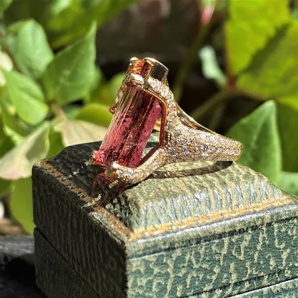 Pink Tourmaline, Emerald & Diamond Ring