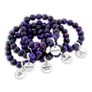 Precious Stone Bracelets - Deep Purple Tigers Eye 10mm Beads - with Silver Word Charms