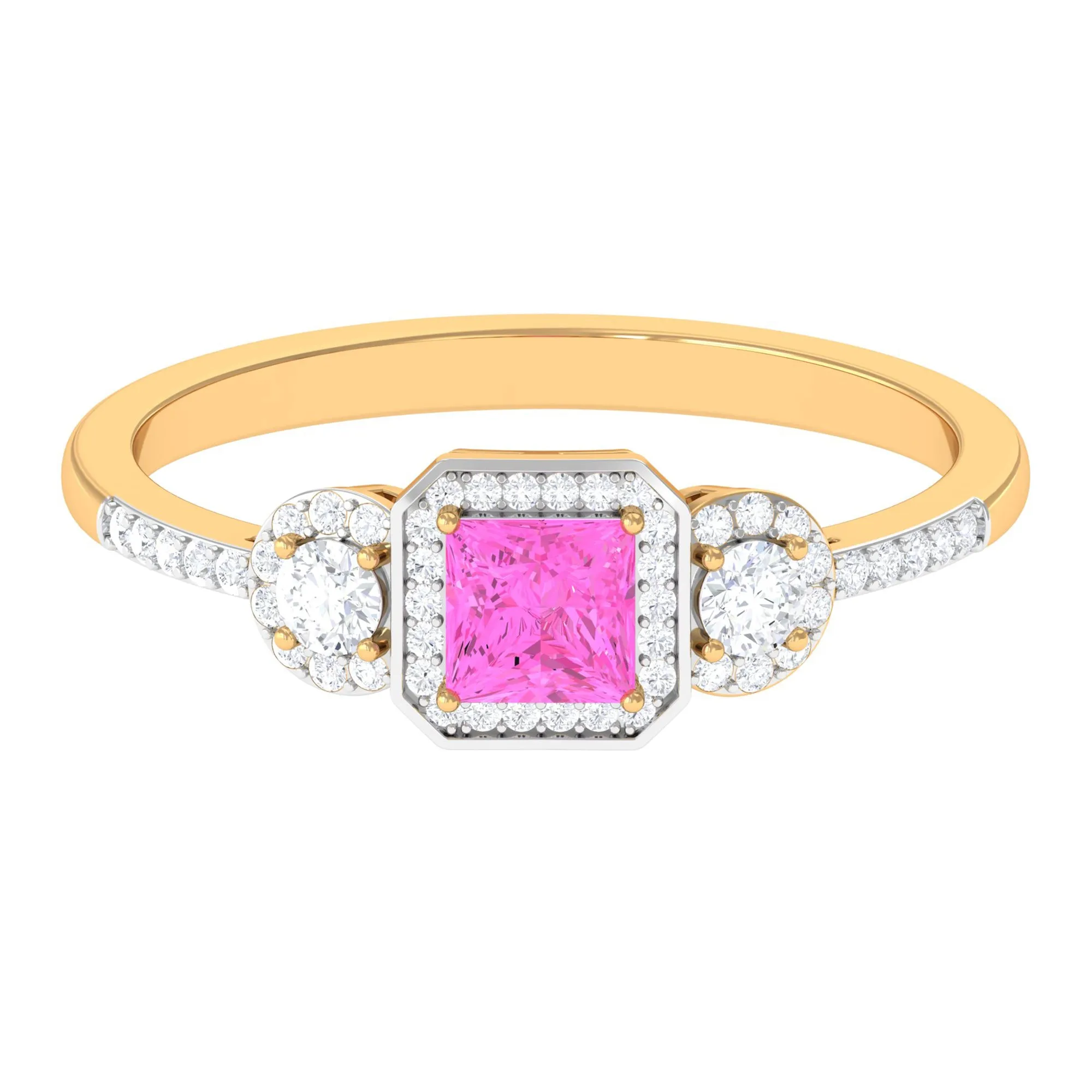 Princess Cut Pink Sapphire Engagement Ring with Diamond Halo