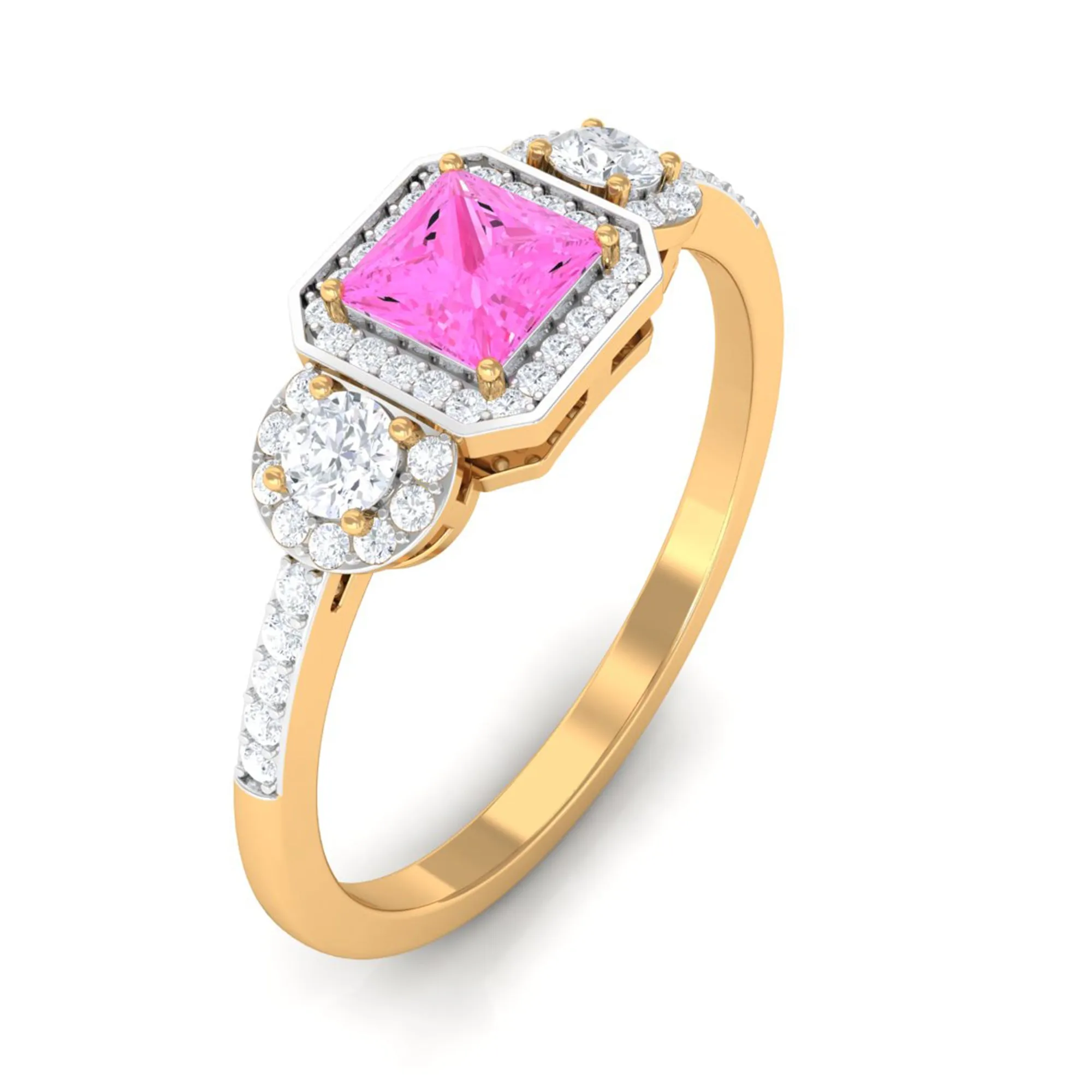 Princess Cut Pink Sapphire Engagement Ring with Diamond Halo