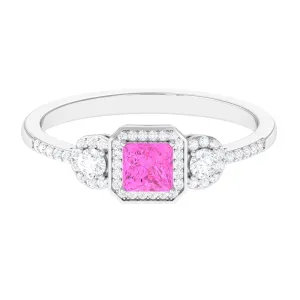 Princess Cut Pink Sapphire Engagement Ring with Diamond Halo