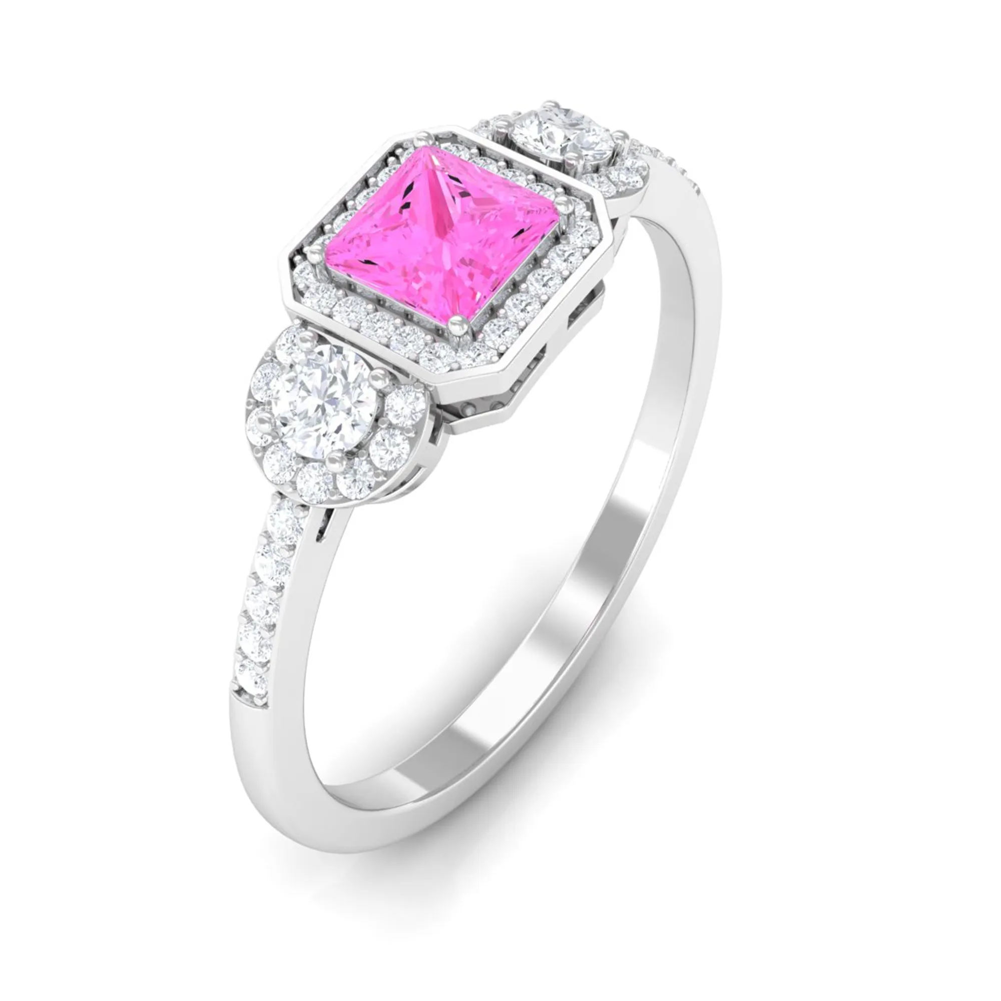 Princess Cut Pink Sapphire Engagement Ring with Diamond Halo