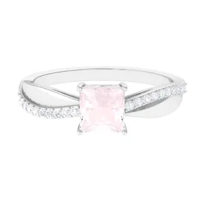 Princess Cut Rose Quartz Solitaire Engagement Ring with Diamond