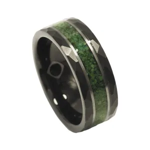 "Jasper" Crushed Moss Agate Silver Strip Black Hammered Tungsten Carbide Ring 8mm