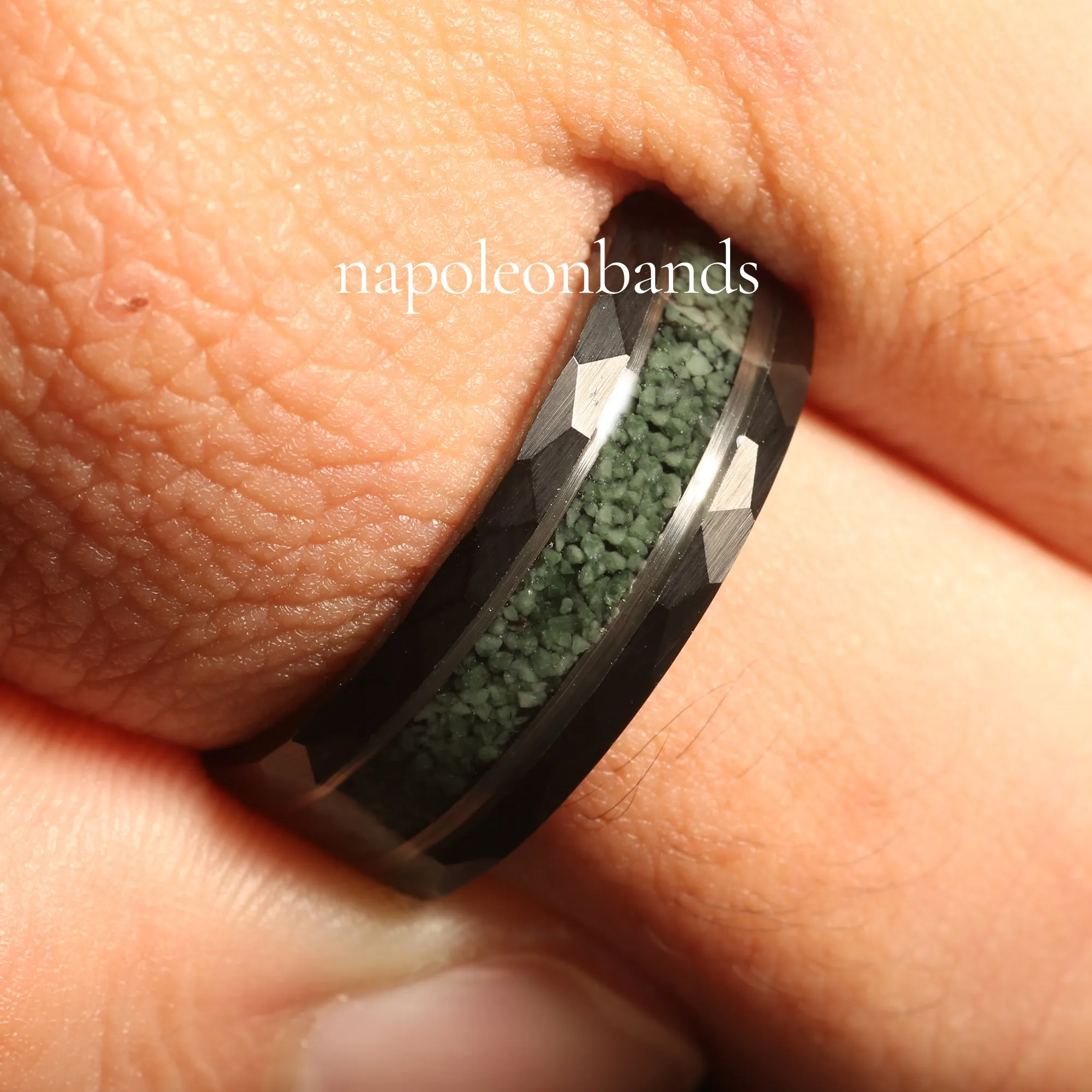 "Jasper" Crushed Moss Agate Silver Strip Black Hammered Tungsten Carbide Ring 8mm