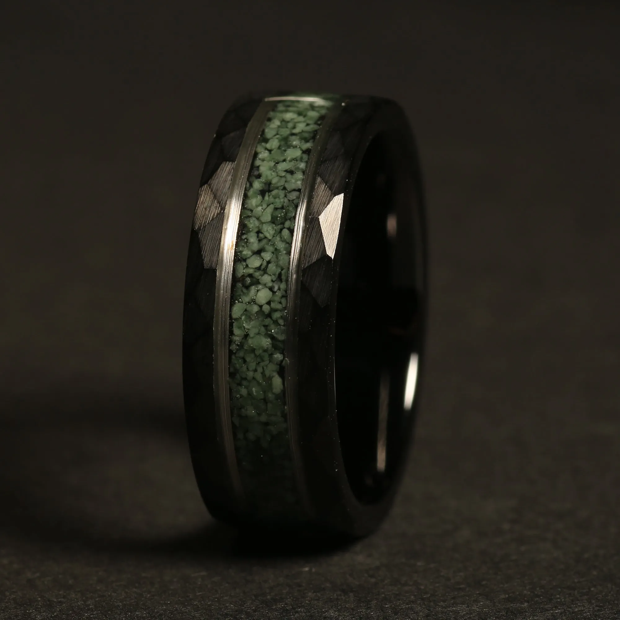 "Jasper" Crushed Moss Agate Silver Strip Black Hammered Tungsten Carbide Ring 8mm