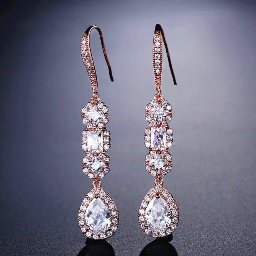 "Leslie" - Cubic Zirconia Bridal Earrings - Available in Silver and Rose Gold