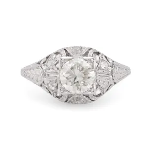 Sparkling GIA 1 carat round brilliant cut diamond platinum filigree ring