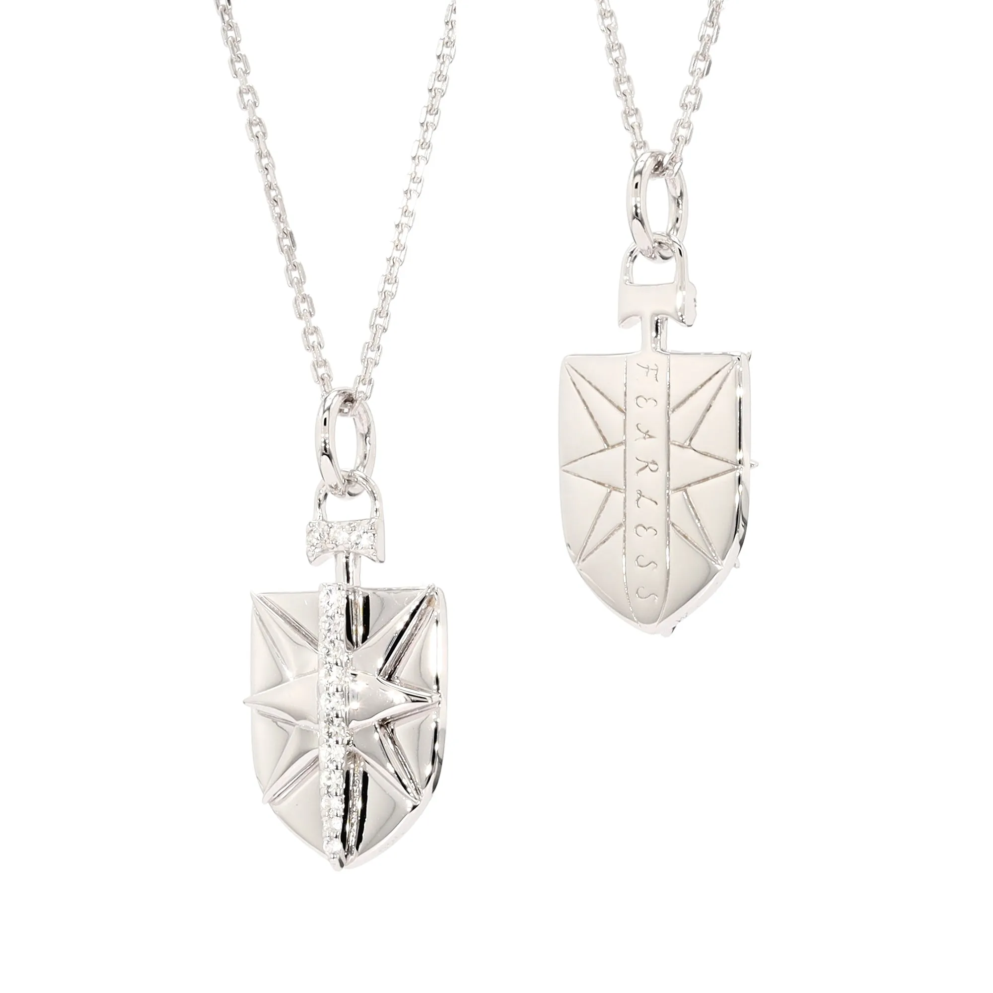 Sterling Silver Fearless Shield Pendant with White Sapphires