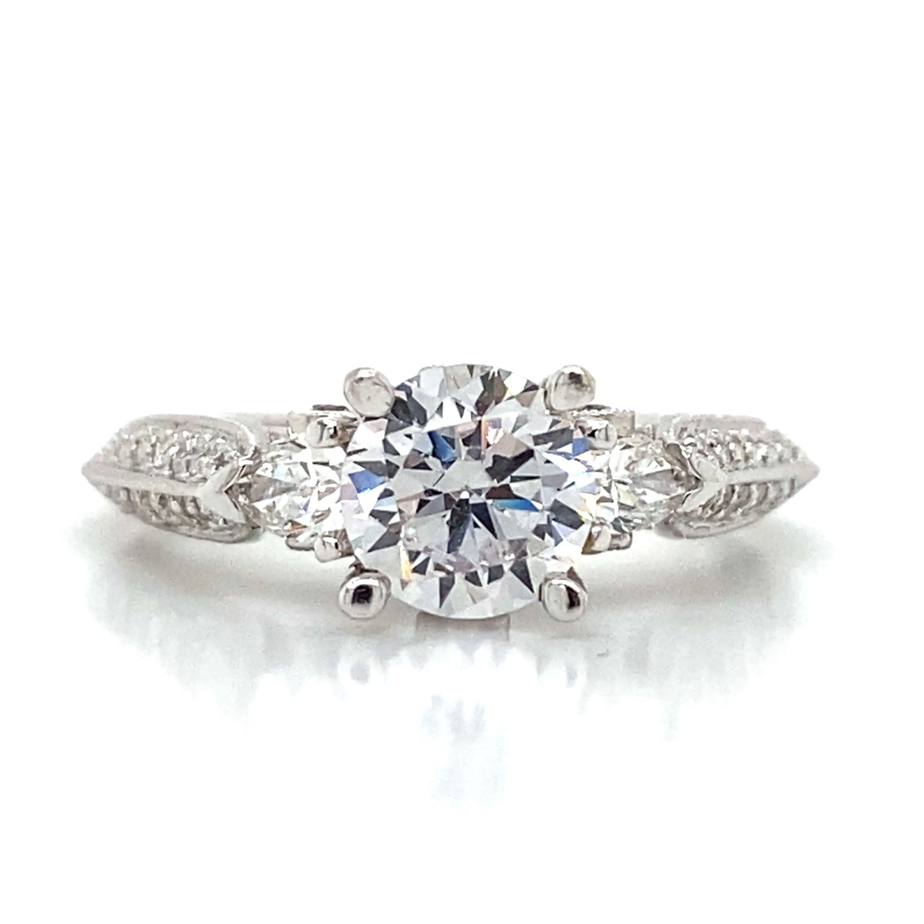 Three Stone Pear & Pave Set Engagement Ring in 18K White Gold