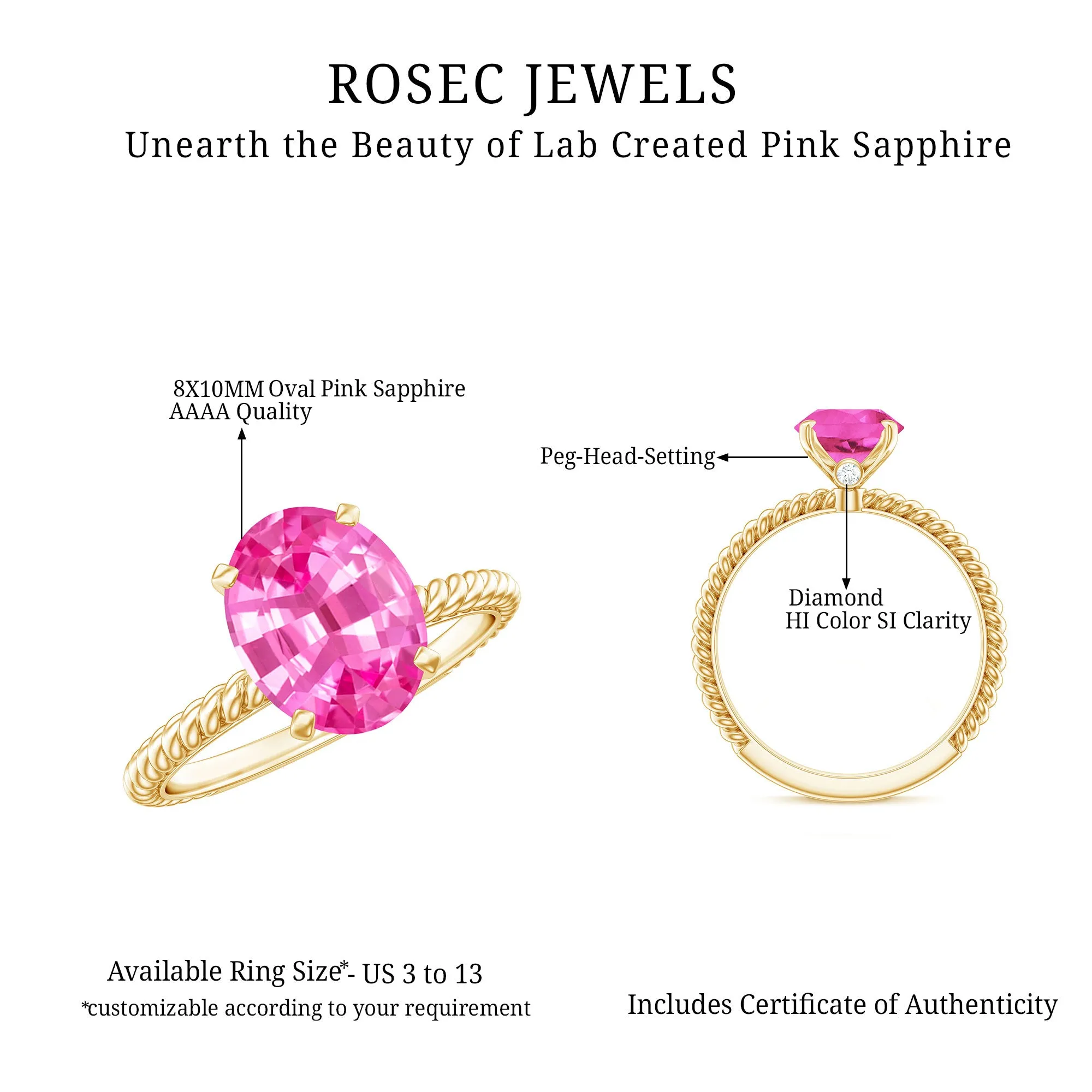 Twisted Rope Created Pink Sapphire Solitaire Ring with Surprise Diamond