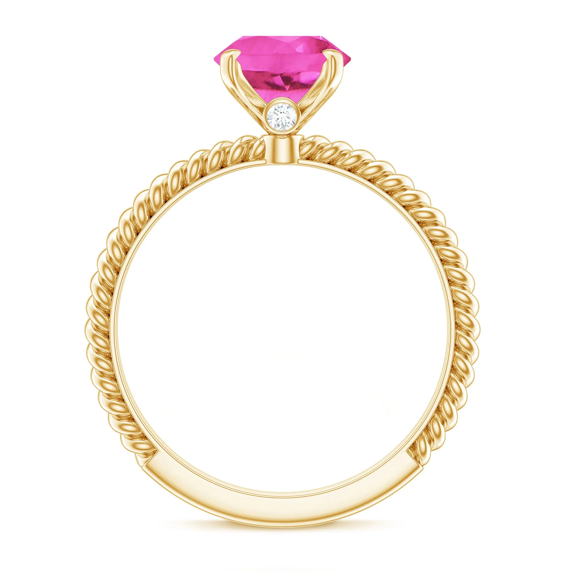 Twisted Rope Created Pink Sapphire Solitaire Ring with Surprise Diamond