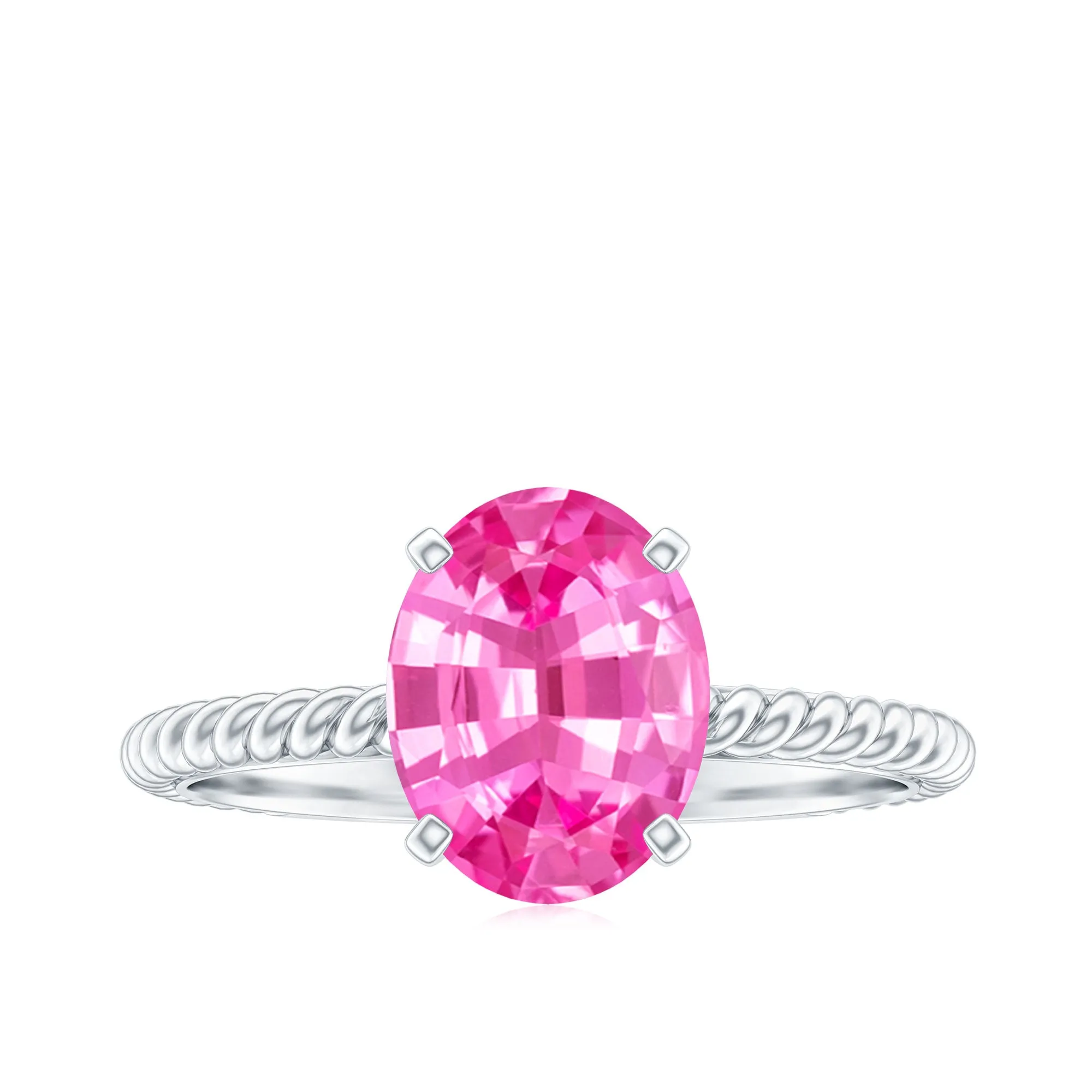 Twisted Rope Created Pink Sapphire Solitaire Ring with Surprise Diamond