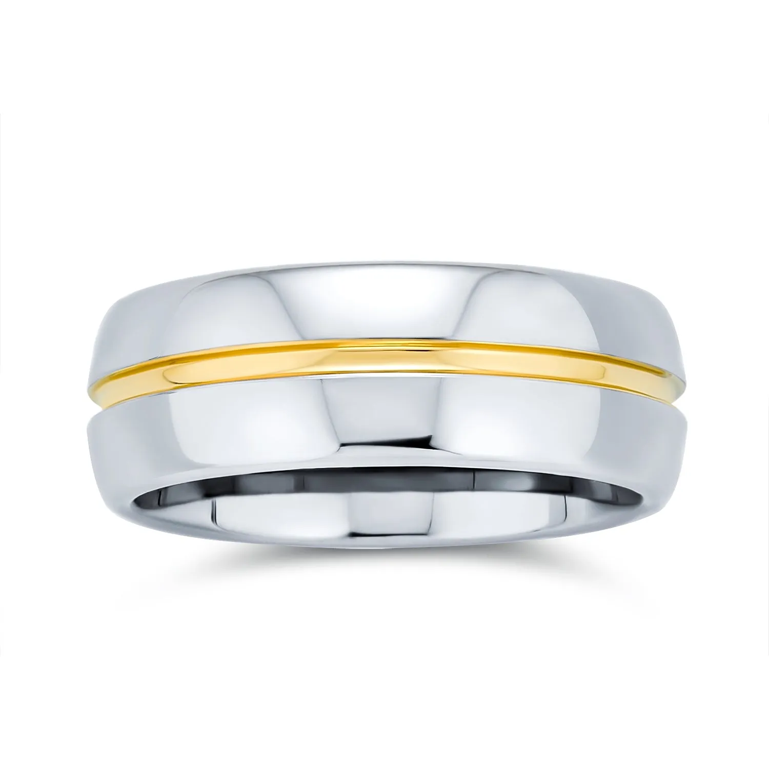 Two Tone Tungsten Wedding Band Ring with 14K Gold Plated Center Stripe for Men