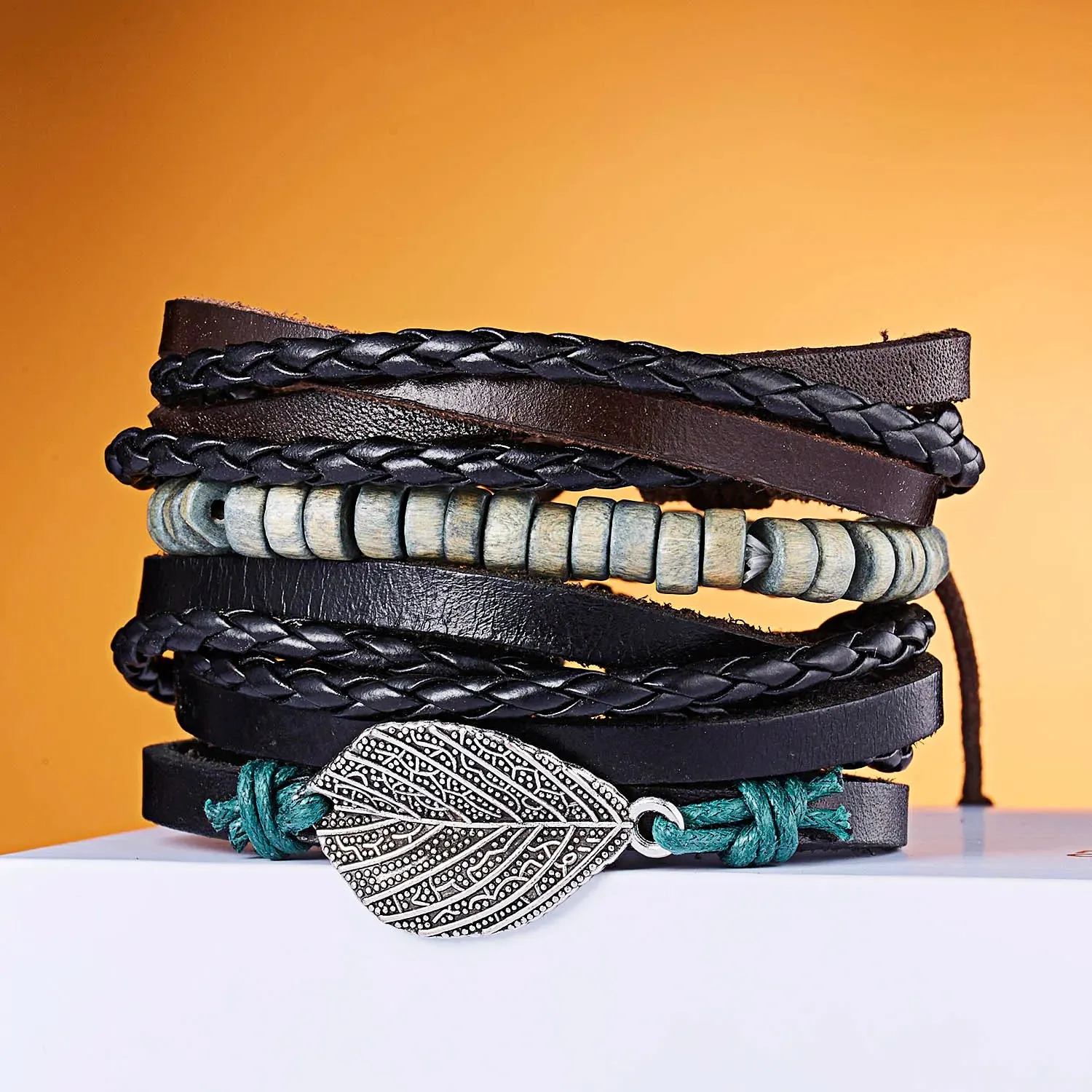 Vintage Multiple Layers Leather Bracelet Set For Women Men Leaf Feather Handmade Braided Wrap Charm Bracelet Jewelry Accessories