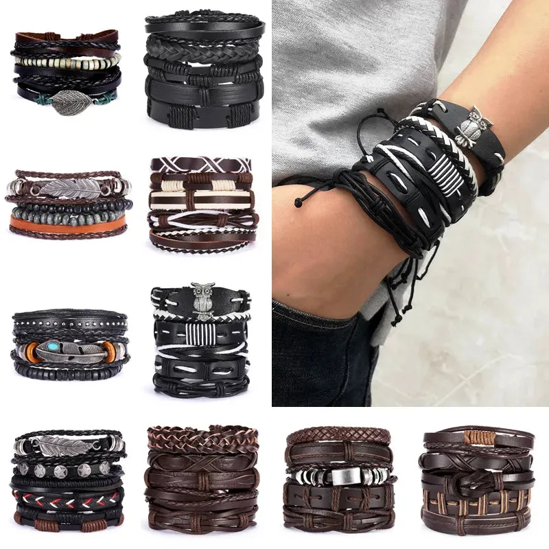 Vintage Multiple Layers Leather Bracelet Set For Women Men Leaf Feather Handmade Braided Wrap Charm Bracelet Jewelry Accessories