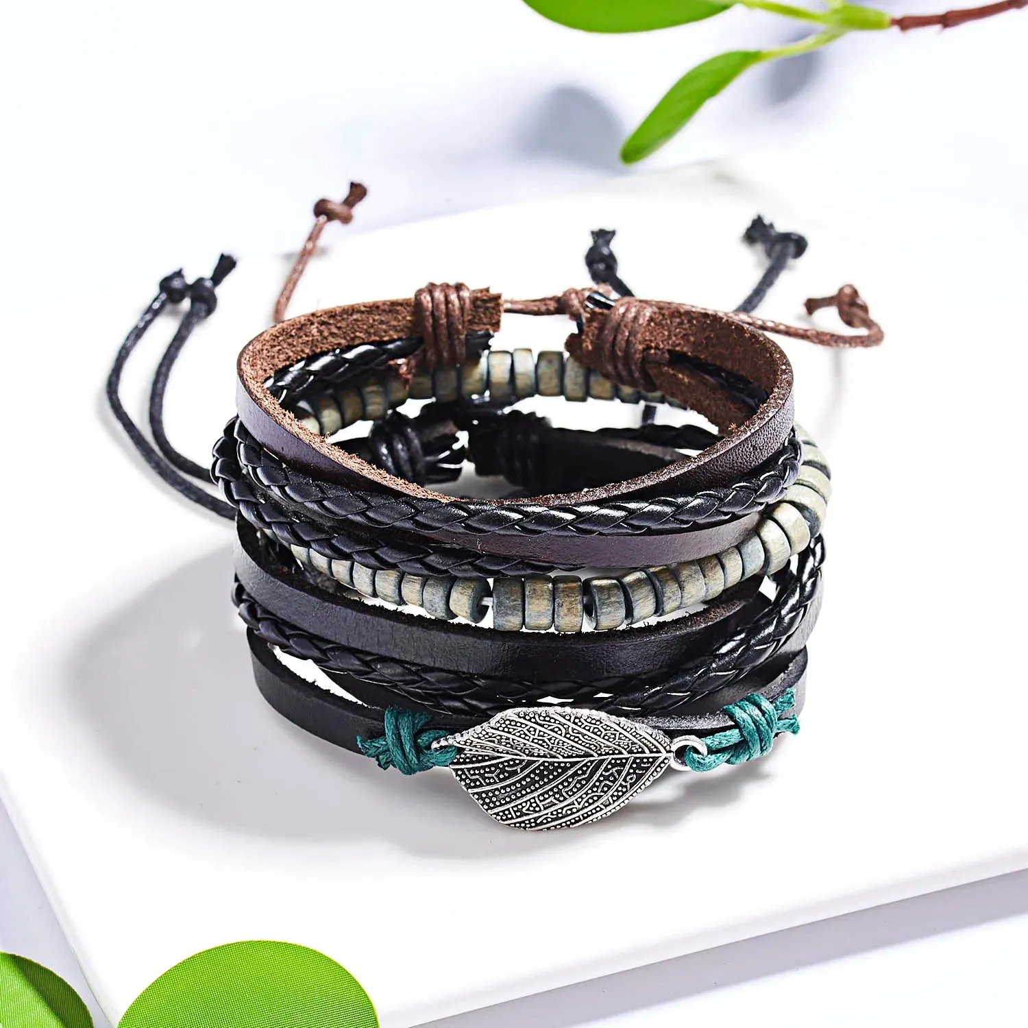 Vintage Multiple Layers Leather Bracelet Set For Women Men Leaf Feather Handmade Braided Wrap Charm Bracelet Jewelry Accessories